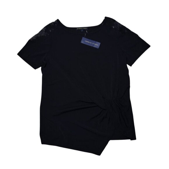Black short sleeve blouse with lace on the shoulders by Adrienne Vittadini, NWT. - Picture 2 of 8